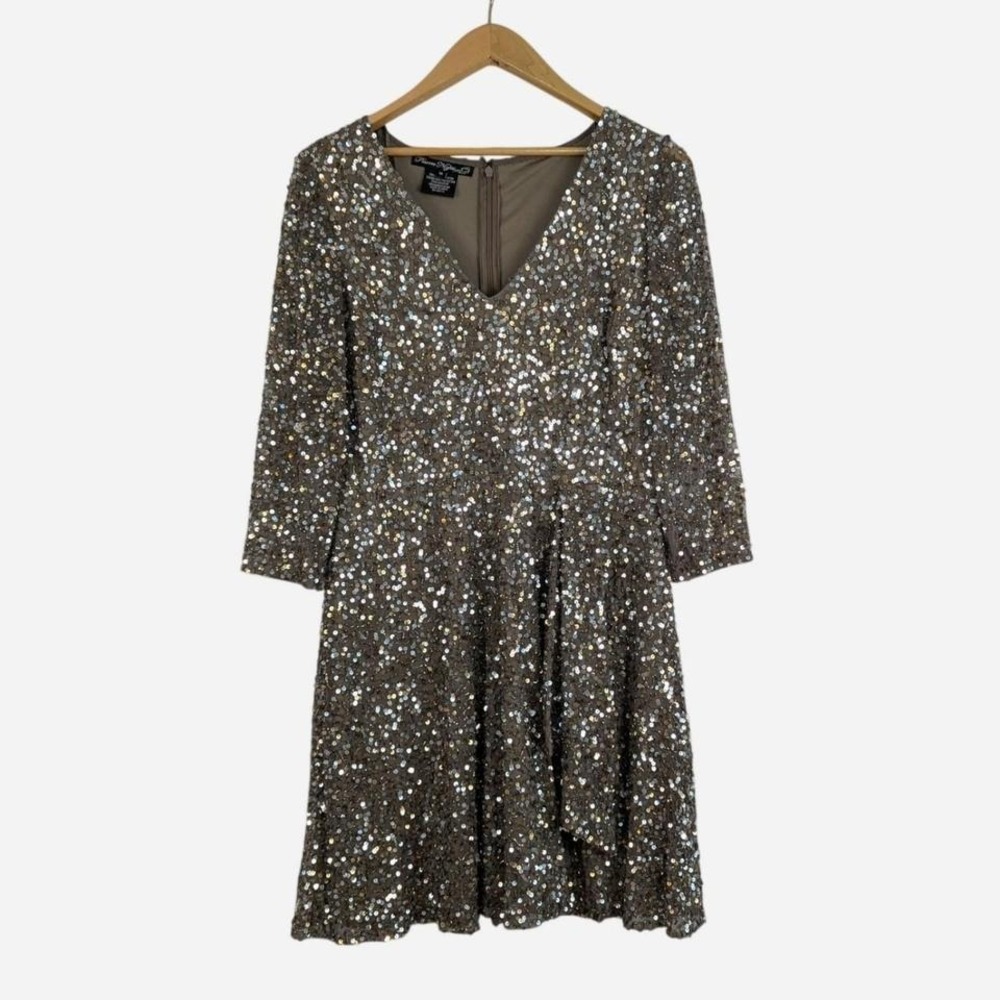 Pisarro Nights Gunmetal Sequin Mesh V-Neck Cocktail Dress Size 10